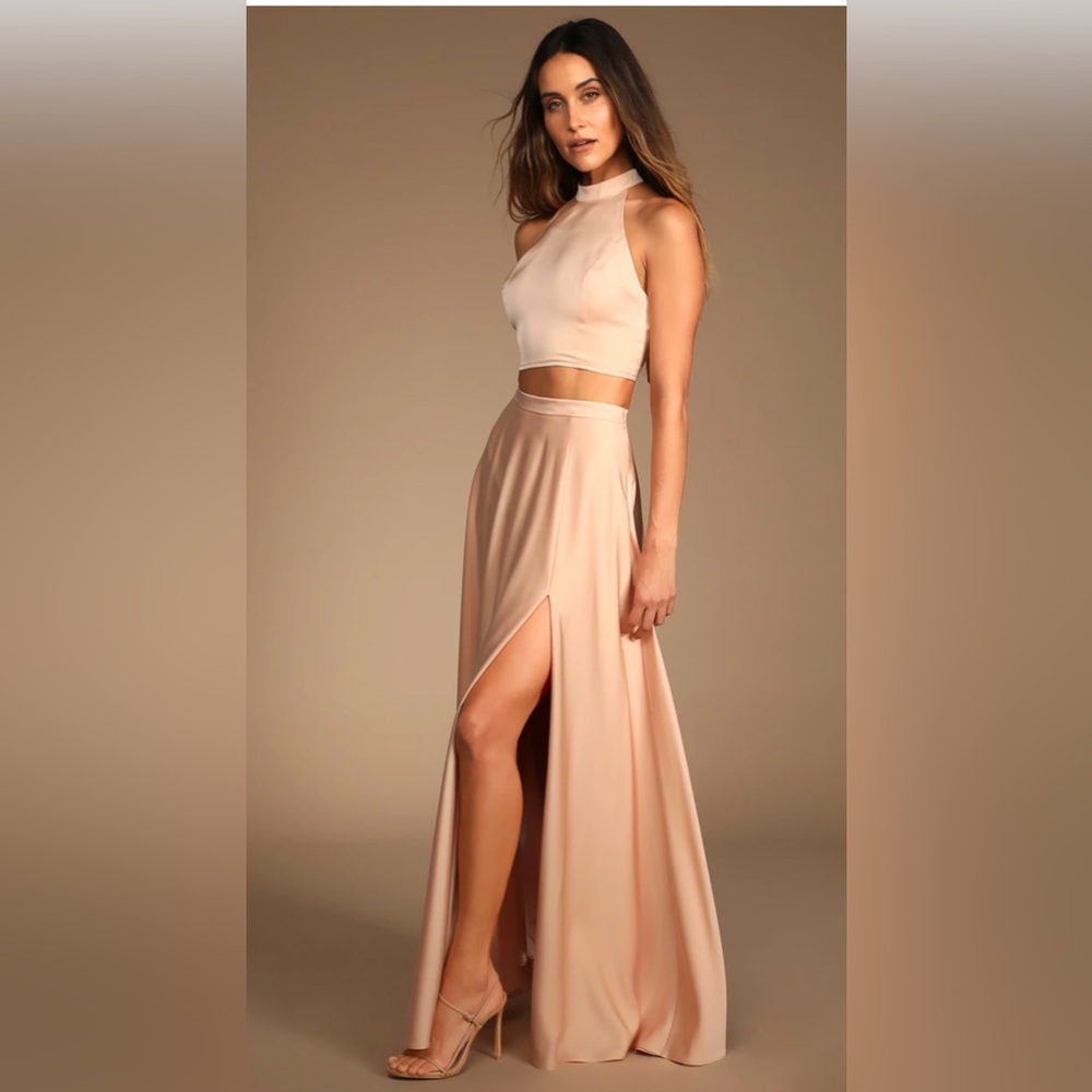 Lulus Strut and Stun Champagne Satin Halter Two-Piece Maxi Dress Size Small - Picture 1 of 14